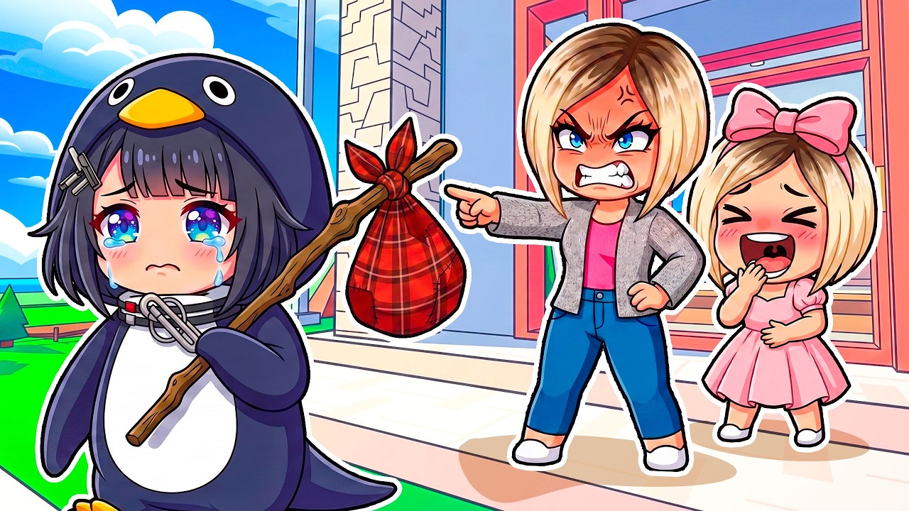 Dave video artwork showing a crying character in a penguin costume carrying a bundle outside a house.